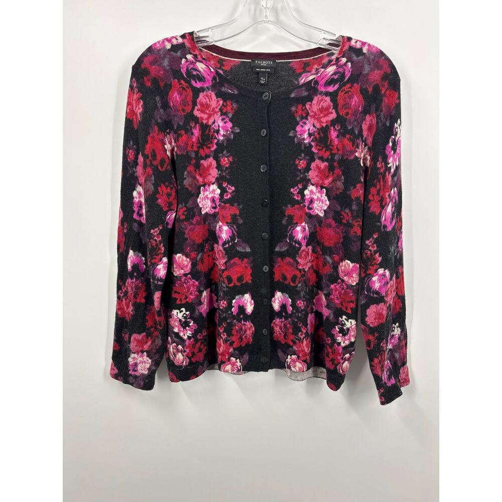Talbots Floral Merino Wool Cardigan Sweater XLP XL Petite PXL Black Pink Red
